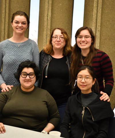 The Spring 2019-2020 AWM student chapter members with a Faculty Advisor: From upper left proceeding  clockwise: Stephanie Reyes, Martina Bode, Veronica Kalicki, Mngxue Yang, and Stephanie Reyes